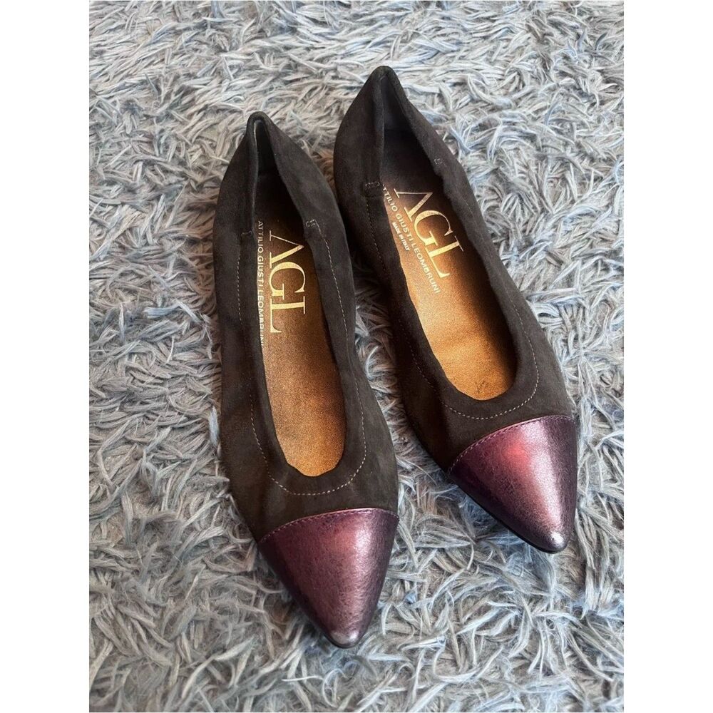 AGL Atilio Giusti Leombruni Black Suede Pointed Toe Flats Metallic Cap Size 9